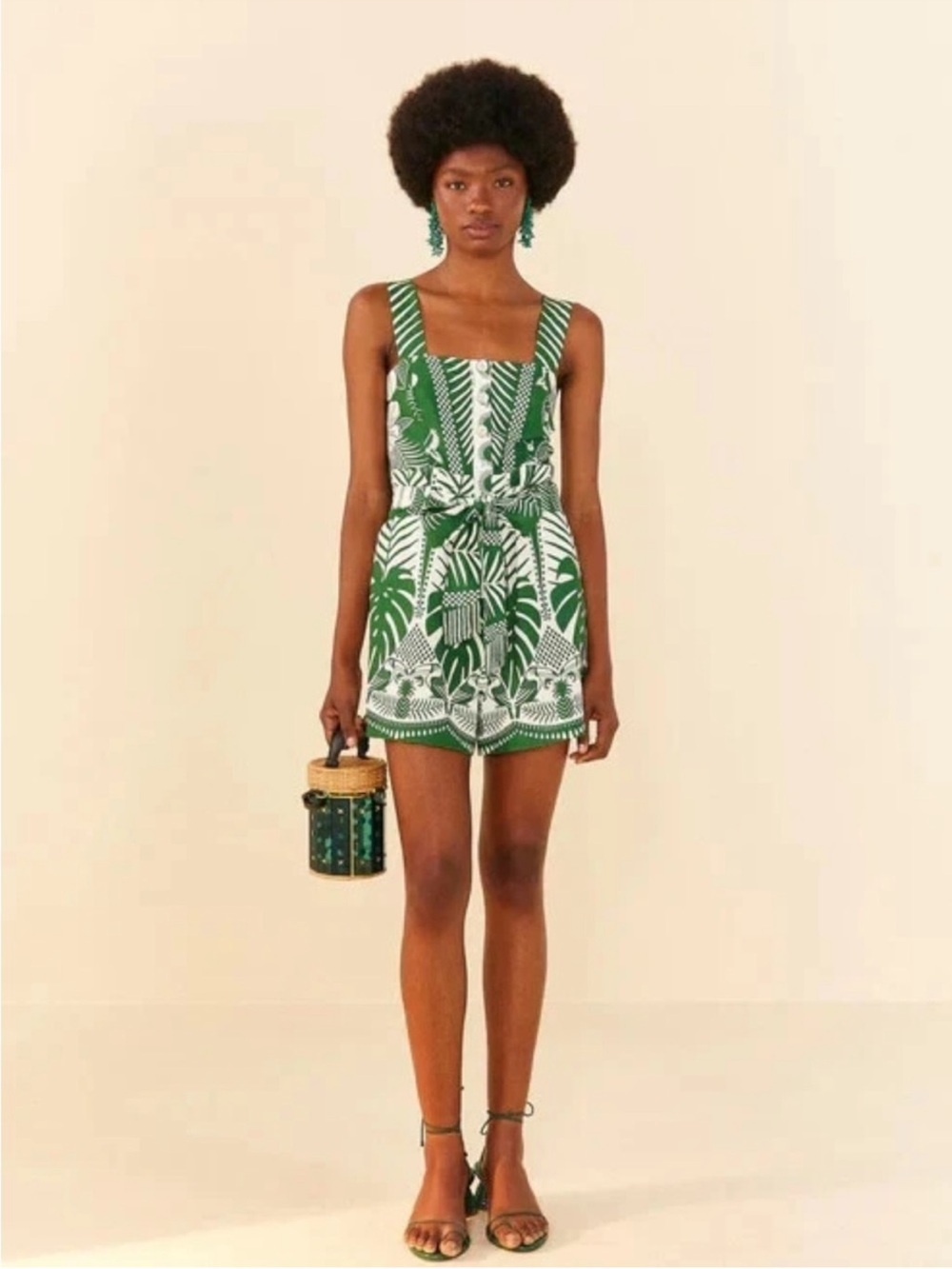 Farm Rio Macaw Elegance Belted Palm Print Romper